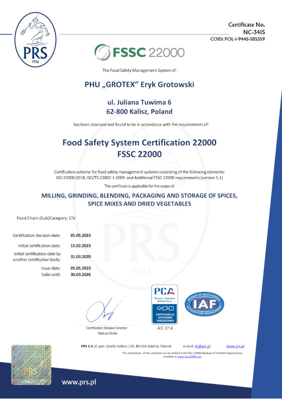 certyfikat FSSC-22000 ENG